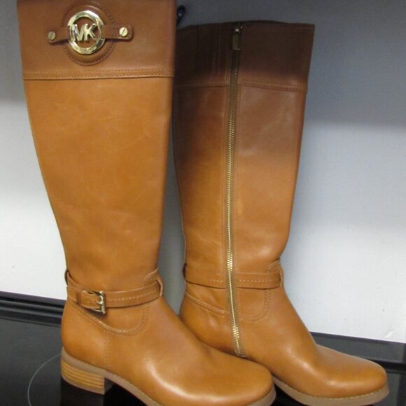MICHAEL KORS Stockard Cognac Leather Tall Riding Boot Gold MK Sz 5.5 - Picture 1 of 16